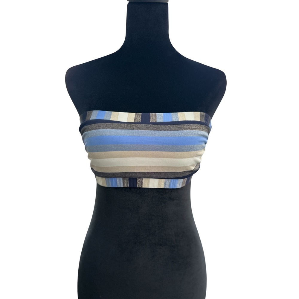 PilyQ Blue Striped Metallic Bandeau Bikini Top Medium Strapless Tie Back